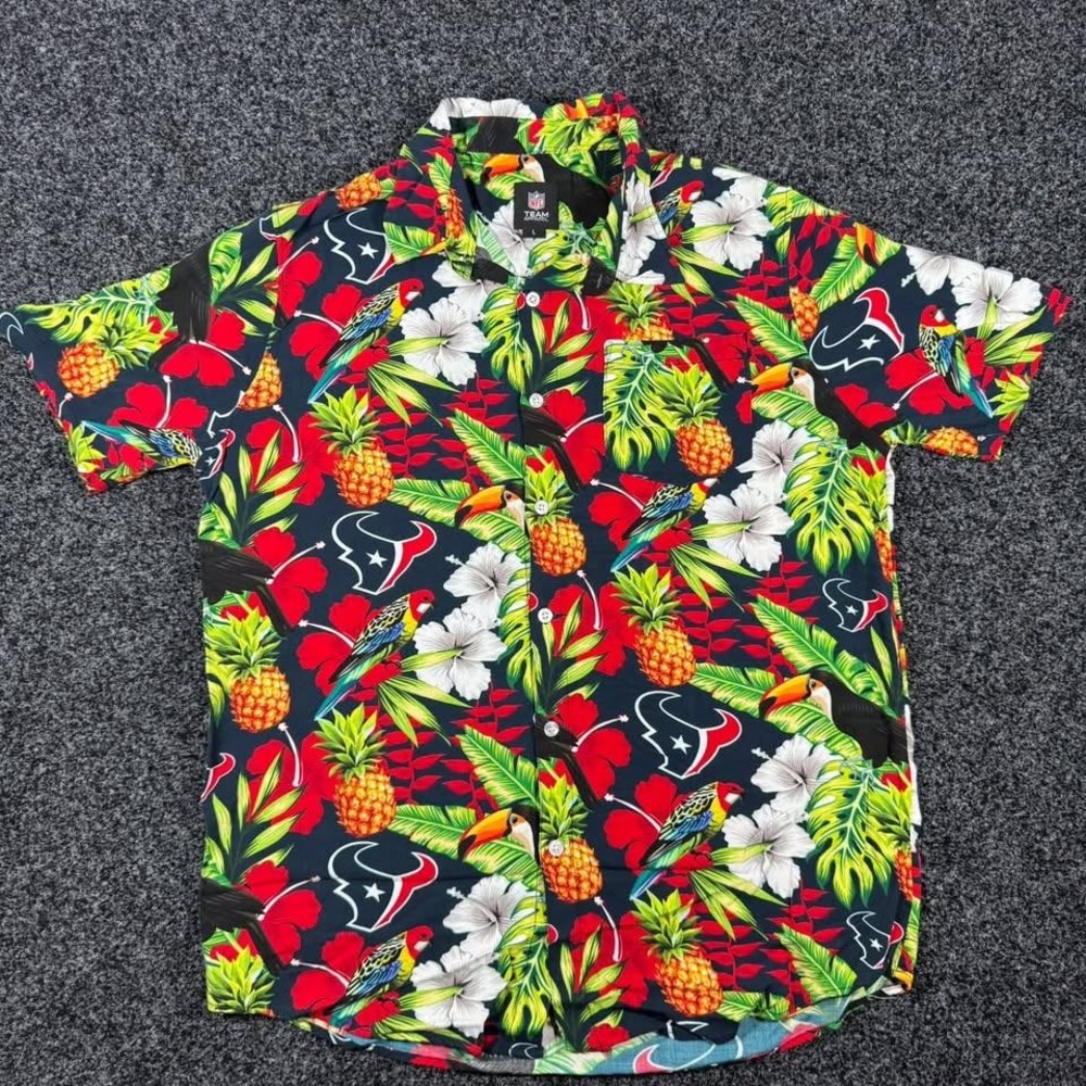NFL Team Apparel Houston Texans Hawaiian Shirt Large Tropical Floral Toucan Navy